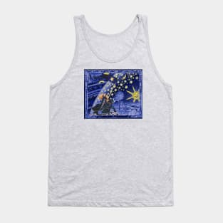 FEMALE KNIGHT OF STARS HORSEBACK IN NIGHT BLUE AND FLAMMARION Surreal Cosmic Sky, Sun And Moon Tank Top